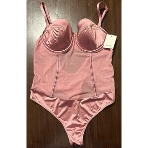 NEW Auden‎ Mauve Satin & Sheer Mesh Lingerie Thong Bodysuit, Small